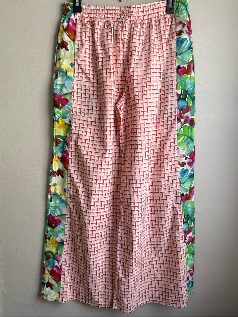 Boutique Tropical Side Panel Wide Leg Cropped Pants Elastic Waist Boho Resort M